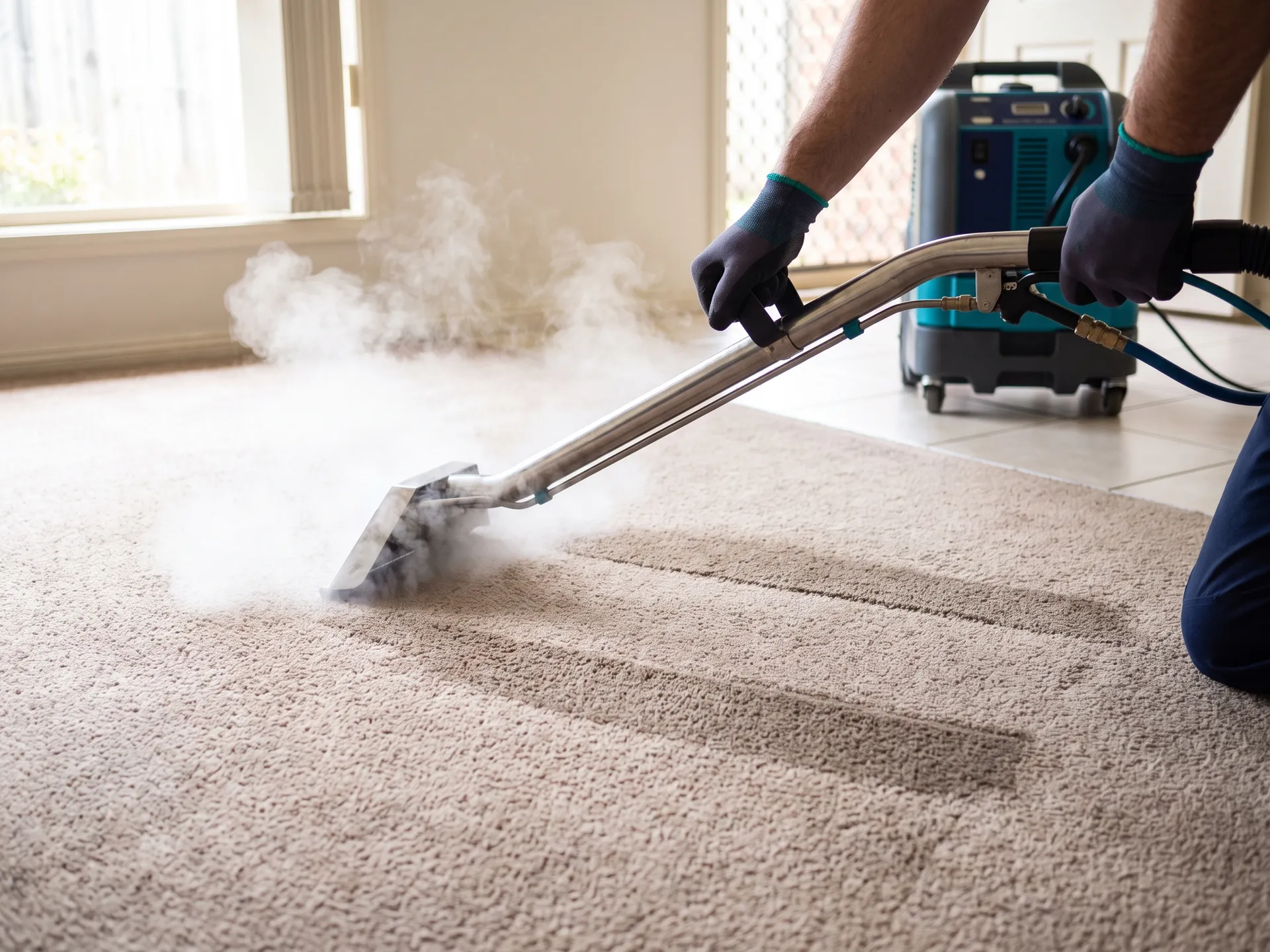 Close-up of carpet steam cleaning work in a residential setting in Brisbane
