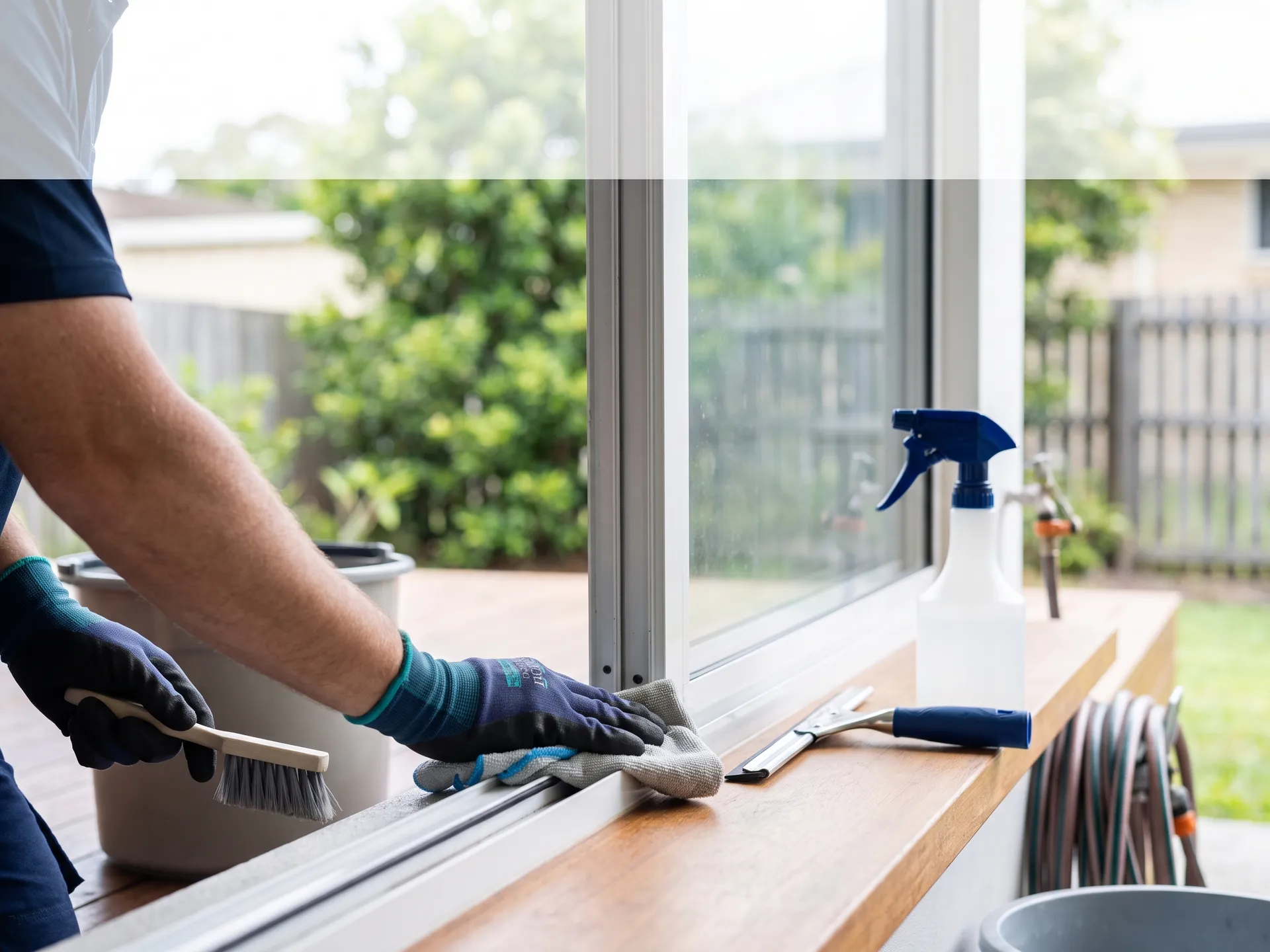 Close-up of window & track cleaning work in a residential setting in Brisbane